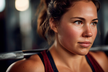 Plus-size woman lifting weights in a gym, sweat visible, realistic lighting, motivational vibe
