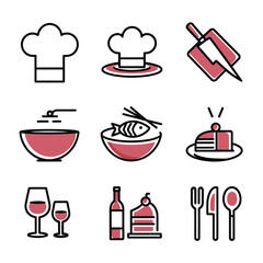 vector icons cooking food chef hat include a pizza slice, a sushi roll, spaghetti and meatballs, a curry bowl burger , fish 
