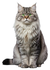 A fluffy gray tabby cat with green eyes sits on a transparent background