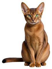 A brown Abyssinian cat with green eyes sits on a transparent background