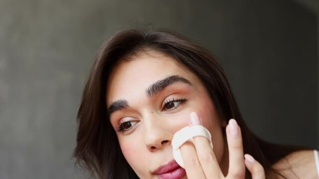 A woman demonstrates her makeup routine in a well-lit room. She applies foundation to achieve a smooth finish. Key techniques for blending and enhancing natural beauty are shown.