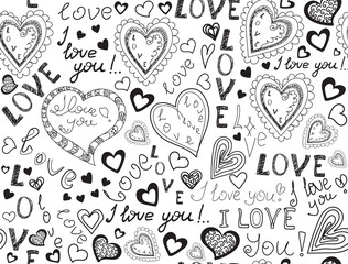 Beautiful decorative vector seamless pattern with handwritten figured hearts and the words of love. Valentine seamless background 