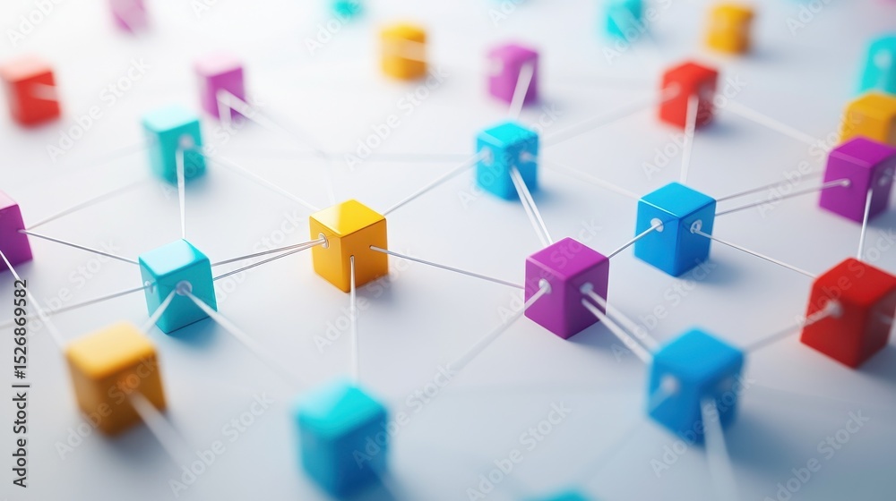 Poster a network structure made of colorful blocks connected to each other, symbolizing connection and inte