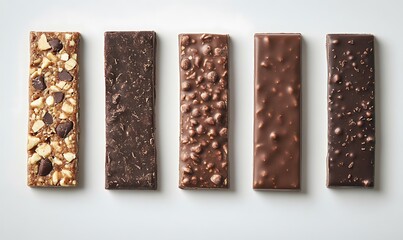 Delicious chocolate bar pieces arranged in row, showcasing various textures and flavors, including nuts and creamy layers, perfect for any chocolate lover