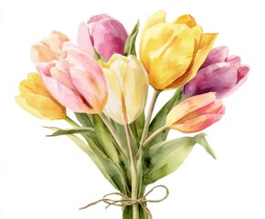 Fototapeta premium Watercolor Tulips Bouquet Isolated on White Background - Floral Illustration for Spring, Easter, Mother's Day, Wedding, Greeting Card Design