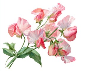 Watercolor Sweet Pea Flowers Illustration on White Background - Delicate Floral Art for Springtime, Botanical Designs, and Romantic Themes (Isolated)