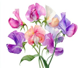 Watercolor Sweet Pea Flowers Bouquet Isolated on White - Botanical Illustration, Floral Art, Delicate Pastel Colors for Spring Designs