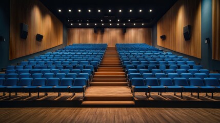 Empty auditorium with blue chairs and wooden steps awaits audience