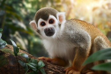 Obraz premium Squirrel monkey in lush jungle setting with sunlit background