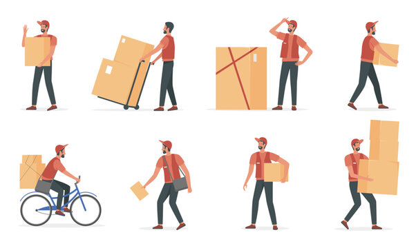 Courier people work in delivery service vector illustration set. Cartoon young deliveryman character holding cardboard box, man working, postman shipping postal parcel package isolated on white
