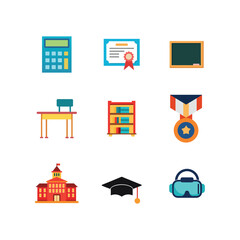 Vector art of a set of colorful flat icons representing various aspects of education, isolated on white background