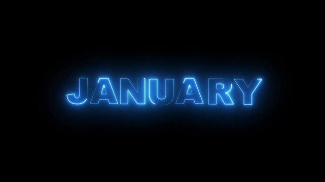 Abstract glowing text month January light neon black background. Word January neon glowing on a black background with reflections on a floor. Neon shine month name January text sign icon animation .