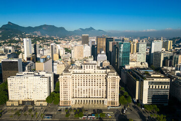 Aerial View of Ministry of Finance of Rio de Janeiro With City Skyline and Mountains in the Horizon