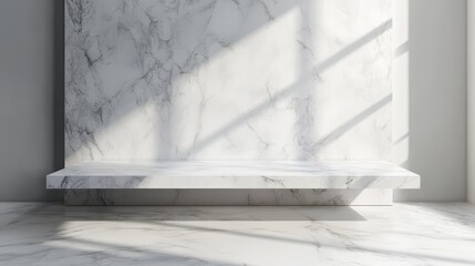 Obraz premium Empty white marble table with natural light shadows on white marble wall. Modern minimal interior design style. Suitable for product presentation. Stylish neutral aesthetic perfect for beauty