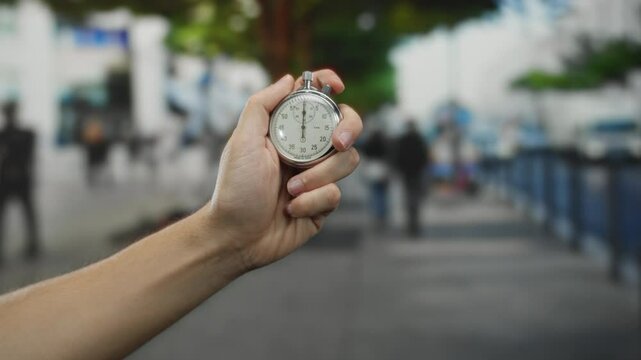 Caucasian man holding stopwatch on city street with blurred background showing urban outdoor environment, emphasizing timing and urgency in public spaces.
