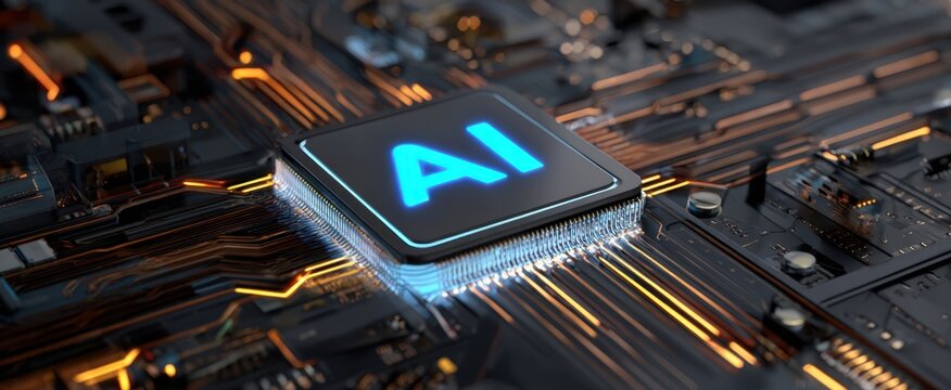 The AI microchip glowing on a futuristic circuit board design.