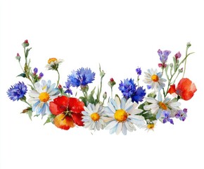 Watercolor Wildflower Border - Floral Arrangement with Daisies, Cornflowers, Poppies, and Pansies for Invitations, Cards, and Decorative Design
