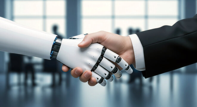 Robot and human shaking hands, symbolizing artificial intelligence integration, digital partnership, and futuristic collaboration in business