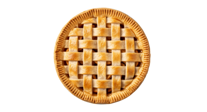 Delicious homemade apple pie recipe with lattice crust and golden brown baked crust top view food photography on Transparent background