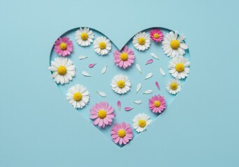A delicate heart shape crafted from daisies and pink flowers on a pale blue background