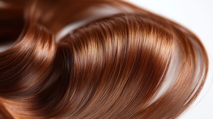 Close-Up of Chestnut Curly Hair Strand with Glossy Finish on White Background