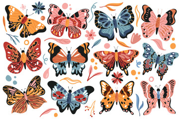Butterfly flying set vector illustration. Cartoon colorful hand drawn butterflies fly collection with cute moth wings and insects, stylized spring summer flowers, flora leaves isolated on white