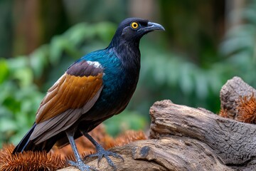 Close-up of colorful starling perched on wood in natural habitat