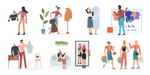 People choose fashionable clothes at home, fashion shop vector illustration set. Cartoon man woman characters holding clothes hanger, choosing what to wear, girls with shopping bags isolated on white