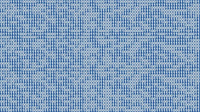 Glowing white binary digital code abstract background. Perspective wall of binary code digital pattern background. Full frame illustration graphic animation, ideal for technology compositions. 