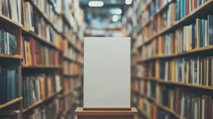 Blank vertical board mockup in a bright bookstore with blurred shelves in the background. Perfect for promotional content, book launches, or marketing displays.