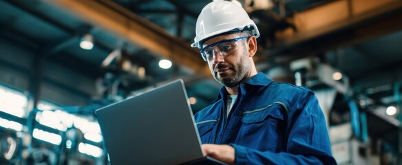 Fototapeta premium The professional worker using a laptop in an industrial manufacturing facility.