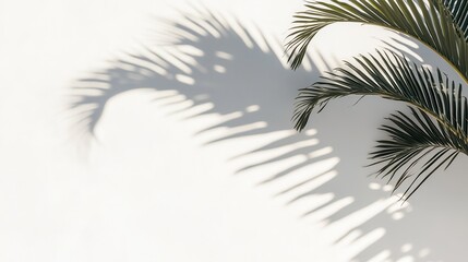 Palm tree casts long shadow on white wall with intricate silhouettes, palm, blurred edges
