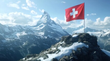 Swiss flag waving atop a mountain peak. (1)