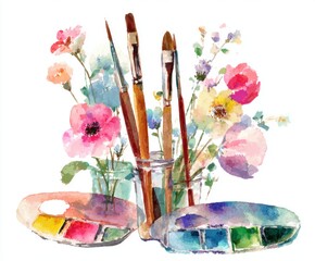 Watercolor Art Supplies Still Life: Paintbrushes, Palette, and Floral Bouquet - Artistic Expression and Creative Tools for Painting