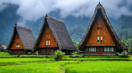 Obraz premium Traditional Wooden Houses in Rice Paddy Fields