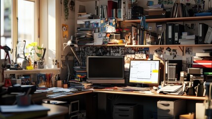 Cluttered workspace contrasts with organized office environment showcasing the impact of tidiness on productivity. Generative AI