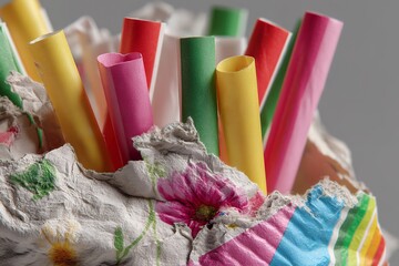 Colorful paper straws emerging from torn floral paper