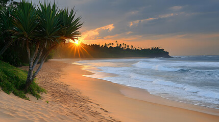Tranquil Sunset Over Tropical Beach With Palm Trees