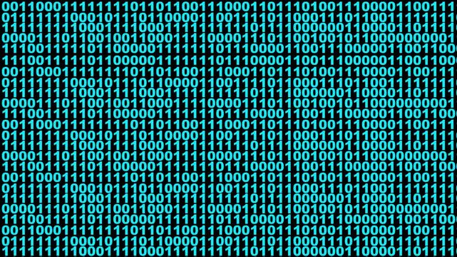 Glowing cyan binary digital code abstract background. Perspective wall of binary code digital pattern background. Full frame illustration graphic animation, ideal for technology compositions. 