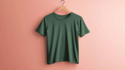 plain green t shirt on hanger. blank t-shirt mockup,huk mockup of a plain DARK green t-shirt, displayed on a hanger against a clean PEACH background.46321