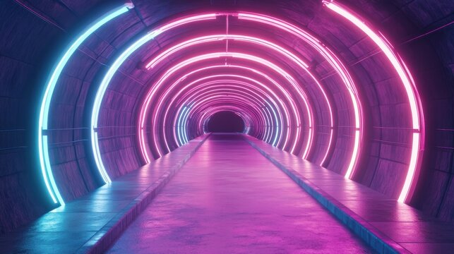 A futuristic tunnel illuminated by pink and blue neon lights.