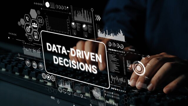 Hands on Keyboard with Digital Interface Displaying Data-Driven Decisions Concept for Business Analysis and Technology Innovation. Asymptotic smart data analytic.