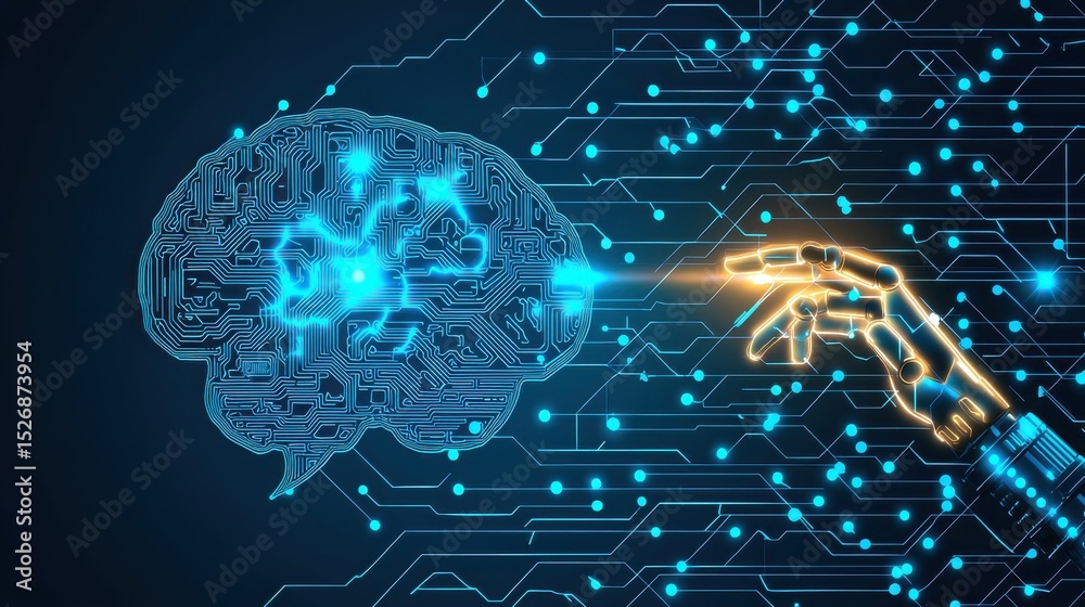 Wall mural futuristic technology with ai brain and robotic hand interaction