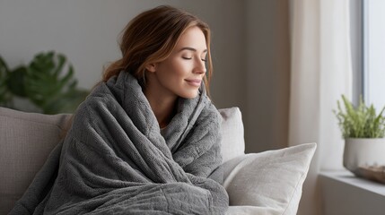 Happy woman wrapped in a grey blanket sitting on a sofa at home, calm and serene beauty, daylight from a window, a comfortable atmosphere, and a relaxed mood - a concept of relaxation. 