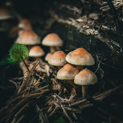 Bright yellow sulphur tuft mushrooms (Hypholoma fasciculare) growing in dense clusters on decaying wood in a forest. Toxic wild fungi captured in macro detail.