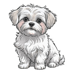 Portrait of a cute white shih tzu puppy, a small purebred domestic canine sitting with fur on a white background
