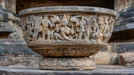 Ancient stone donation bowl with detailed carvings , temple, India, detailed carvings