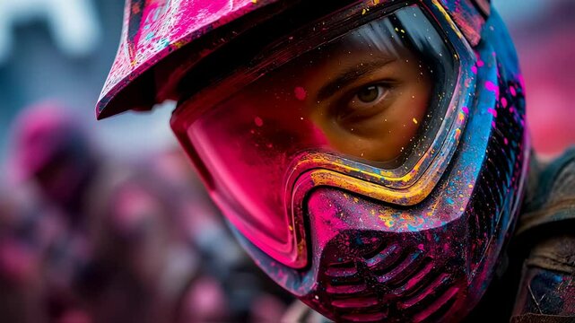 Intense paintball player in colorful helmet ready for action game play