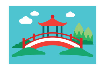 Obraz premium Serene Asian Garden Bridge Tranquil Water, Red Pavilion, and Lush Greenery
