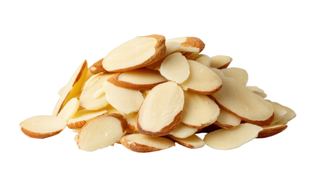 Pile of sliced almonds isolated transparent background with clean and bright appearance